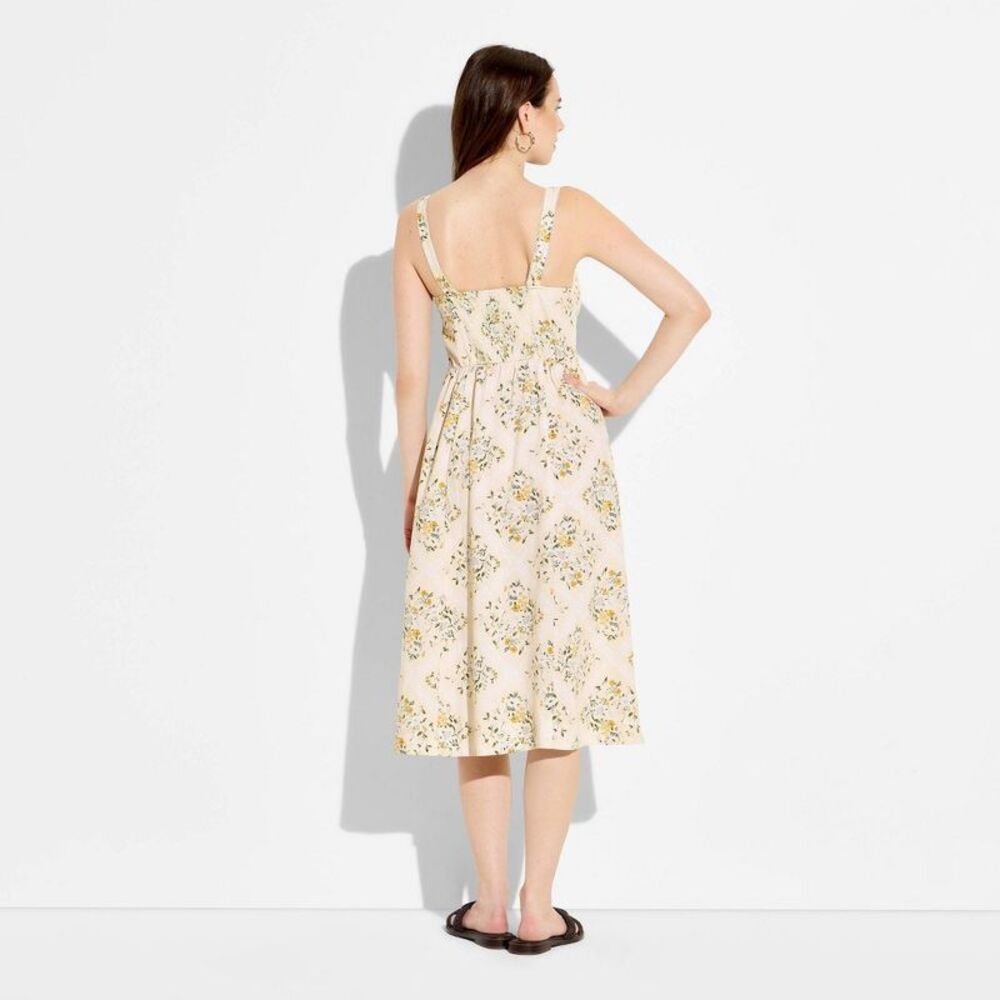 Women's Button-Front Midi A-Line Dress - Wild Fable Light Yellow Floral L - Picture 3 of 4